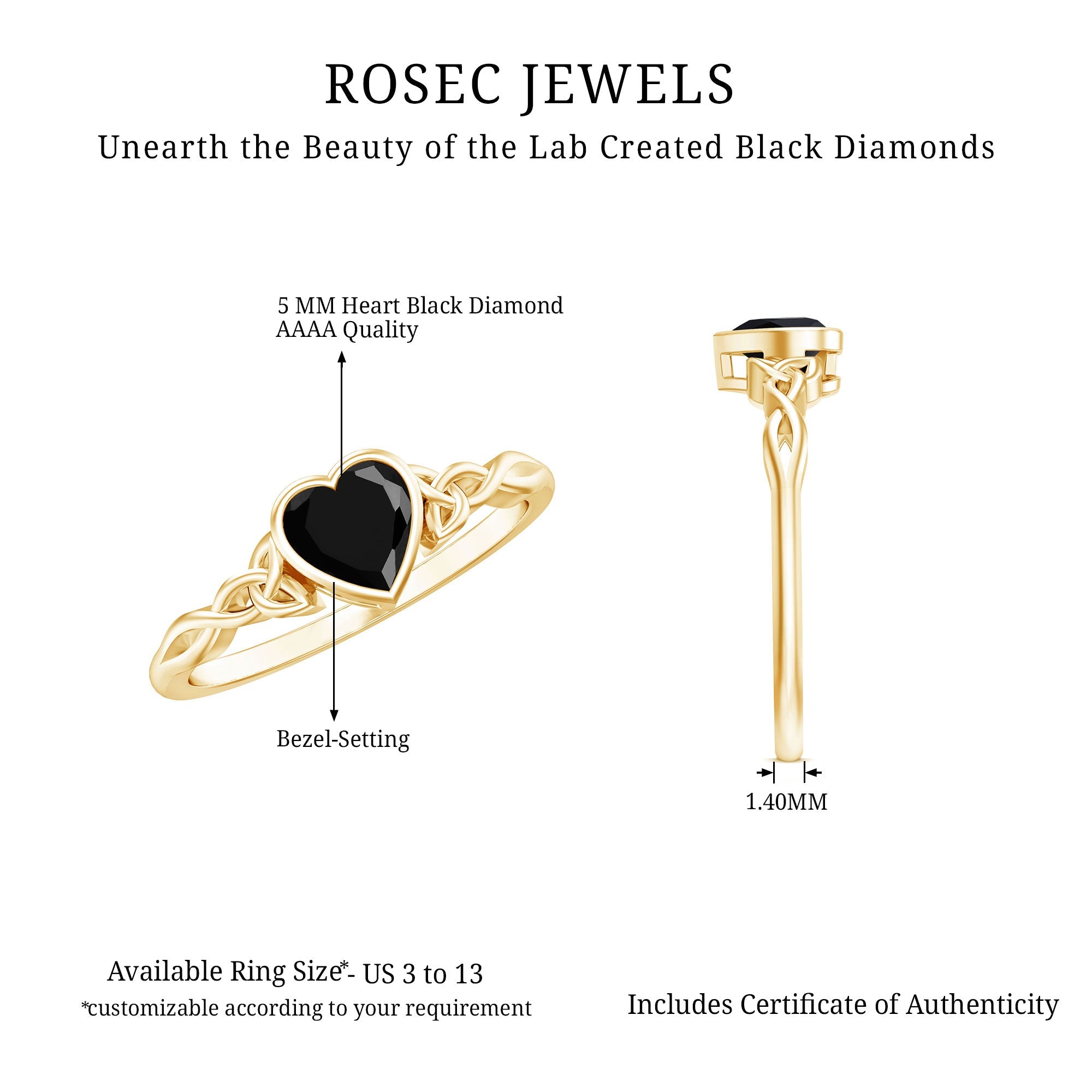 Certified 0.6 Carat Lab Grown Black Diamond Heart Promise Ring with Celtic Knot