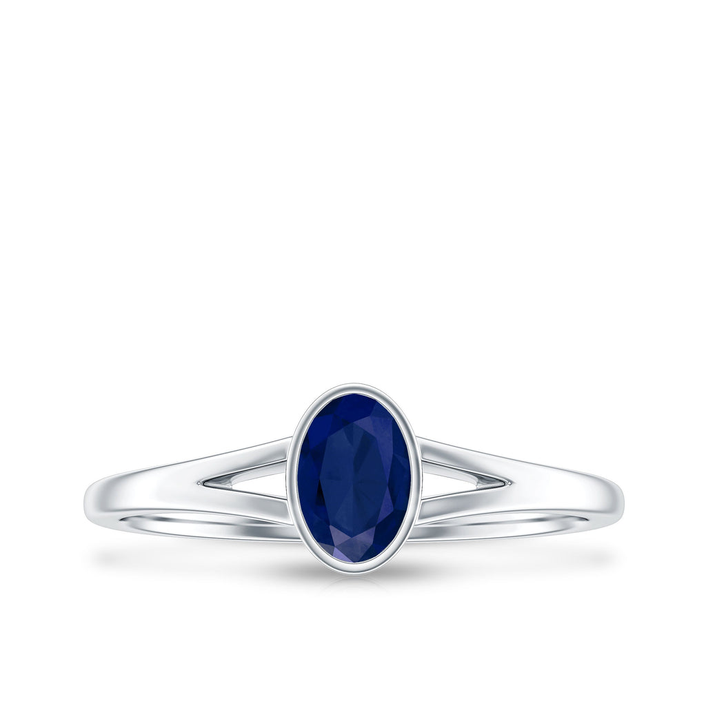 Natural 0.6 Carat Oval Shape Blue Sapphire Promise Ring with Split Shank