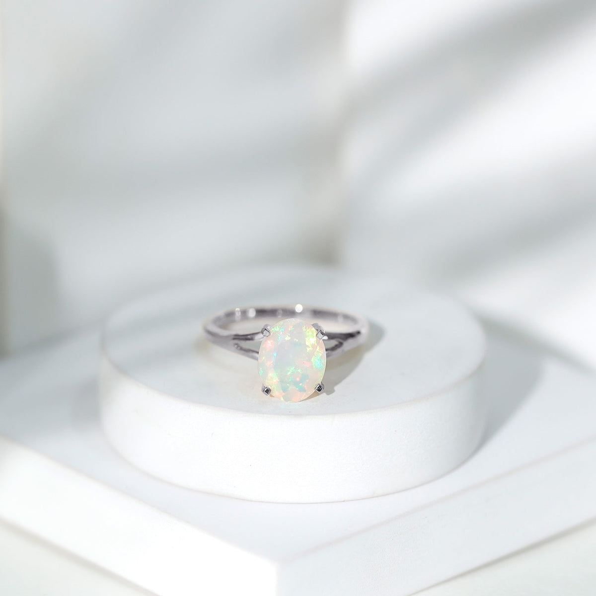 Natural 8X10 mm Ethiopian Opal Diamond Oval Engagement Ring with Split Shank