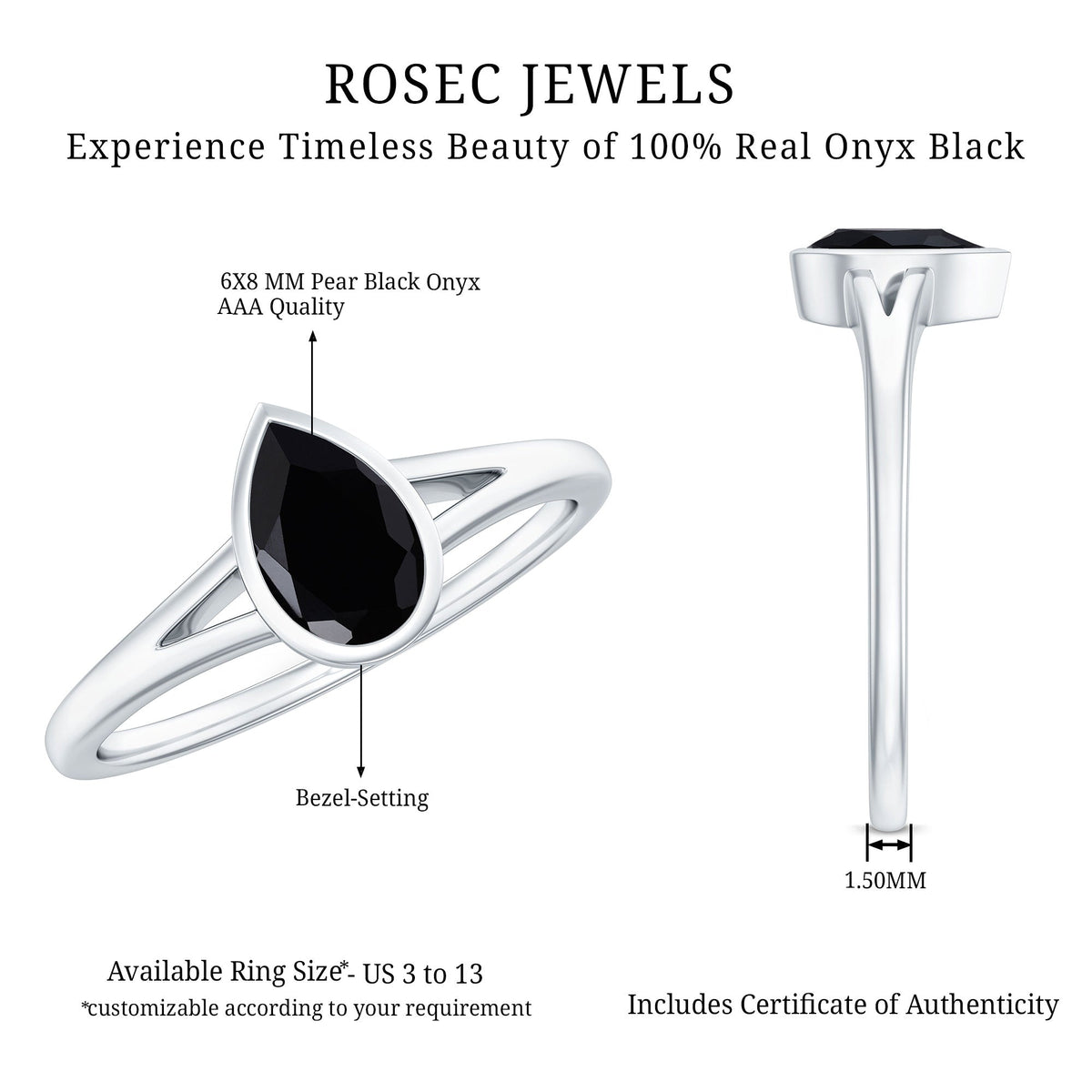 Bezel Set Black Onyx Pear Engagement Ring in Split Shank