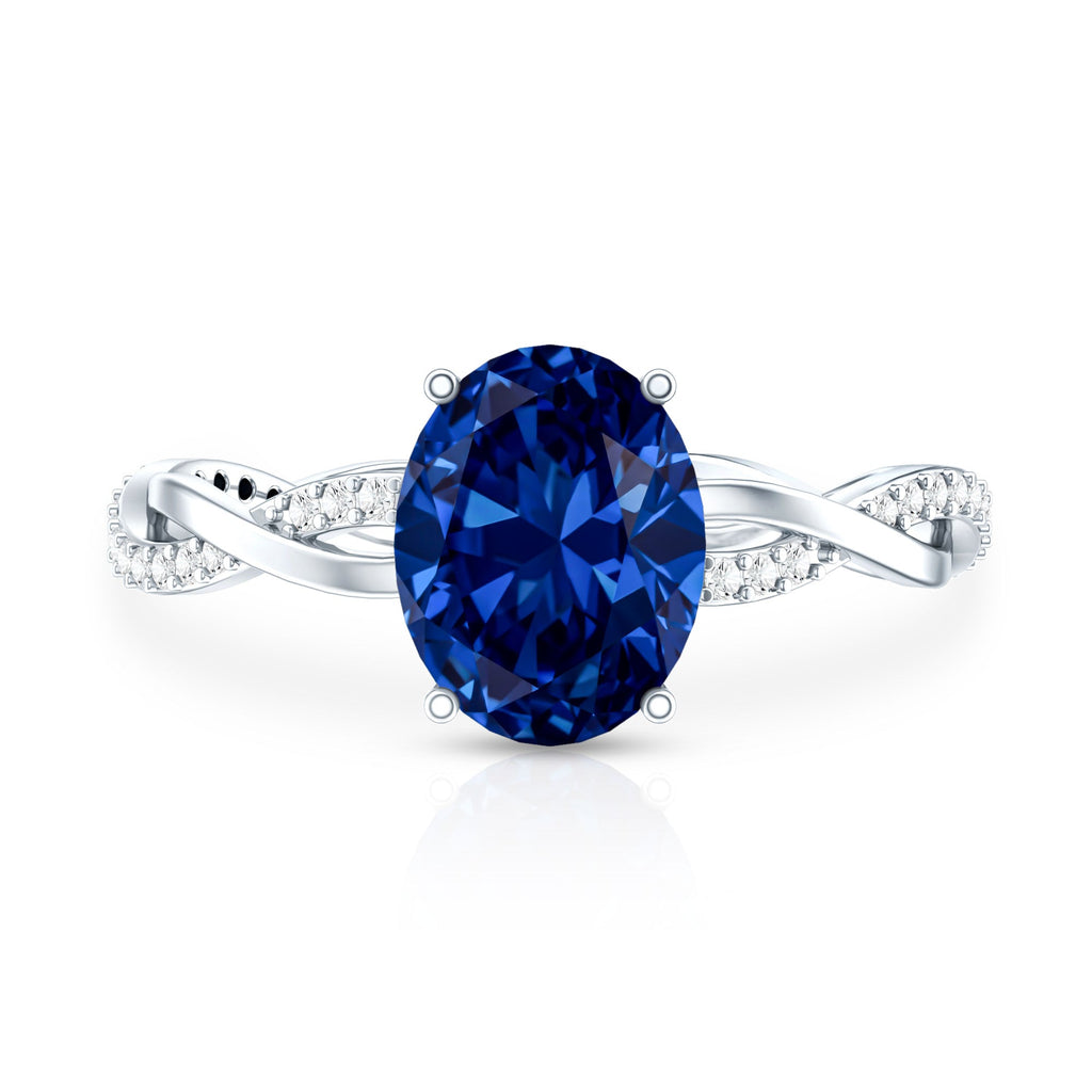 Certified 4 Carat Lab Grown Blue Sapphire Oval Engagement Ring with Diamond Braided Shank