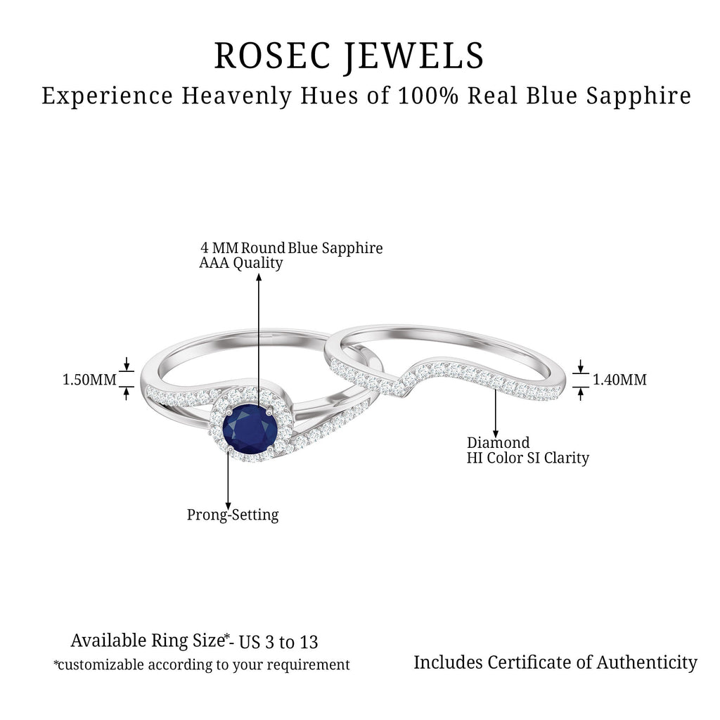 Natural Blue Sapphire Wedding Engagement Ring Set with Diamond