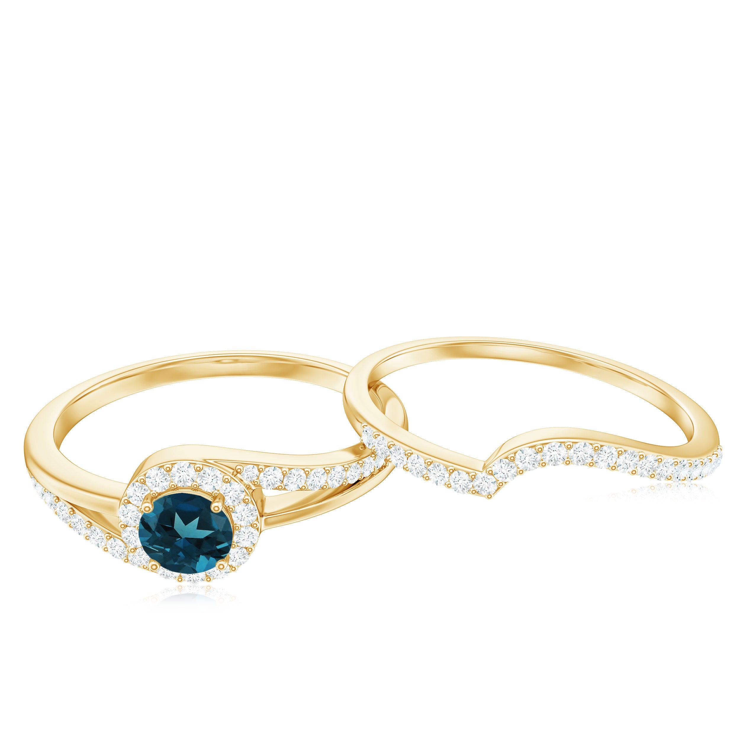 Certified London Blue Topaz and Diamond Halo Wedding Ring Set