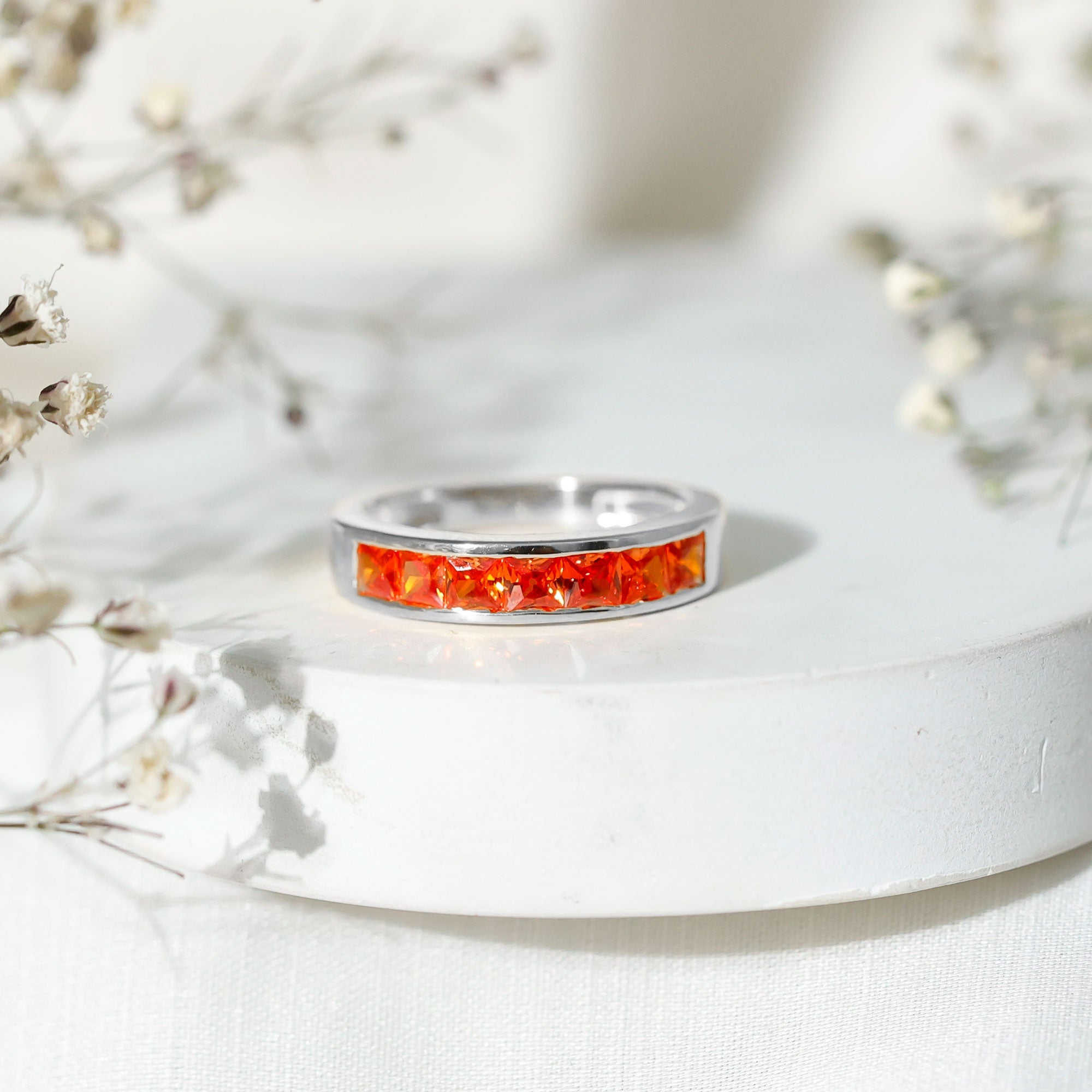 Princess Cut Lab Grown Orange Sapphire Half Eternity Band in Channel Set