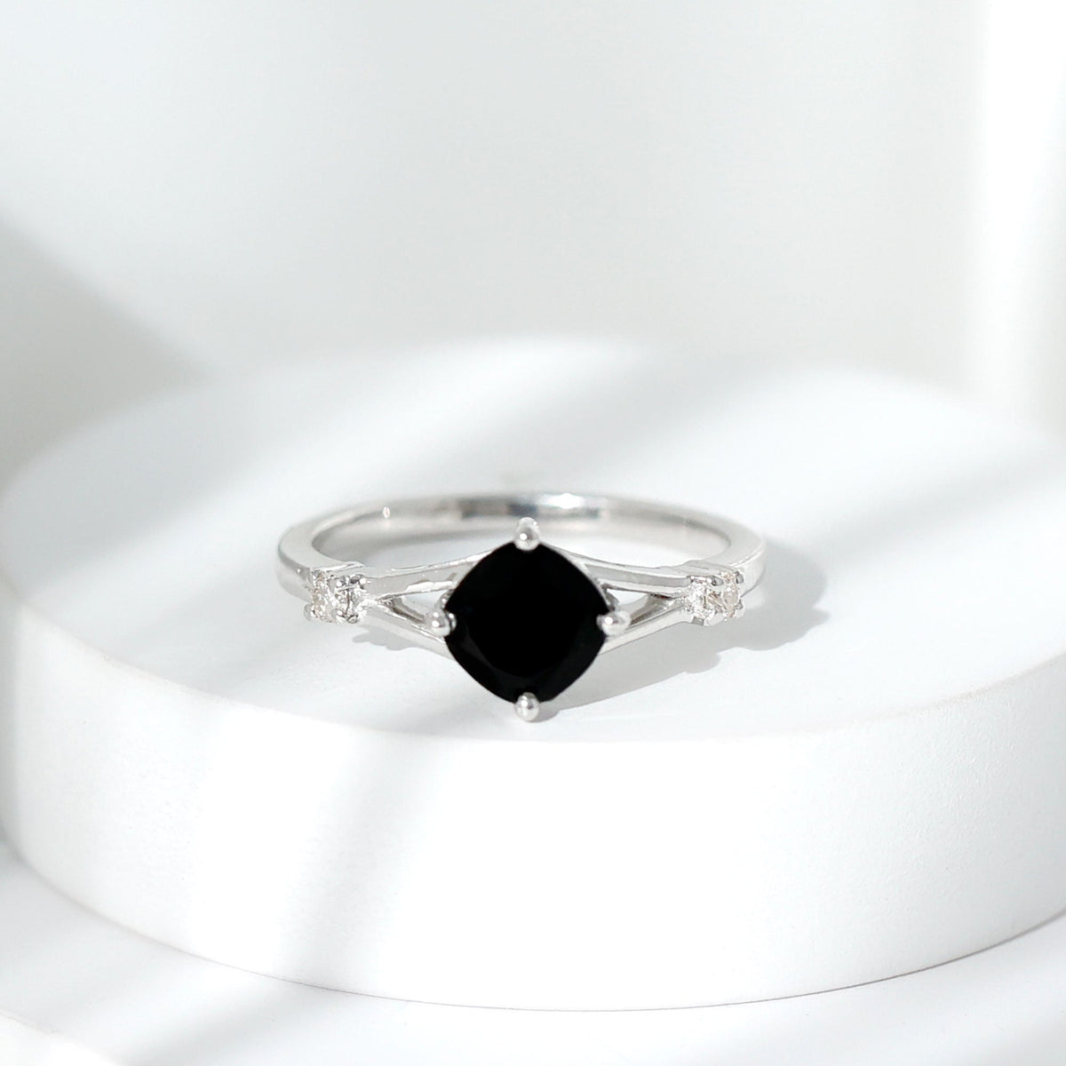 Cushion Black Onyx Split Shank Engagement Ring with Diamond