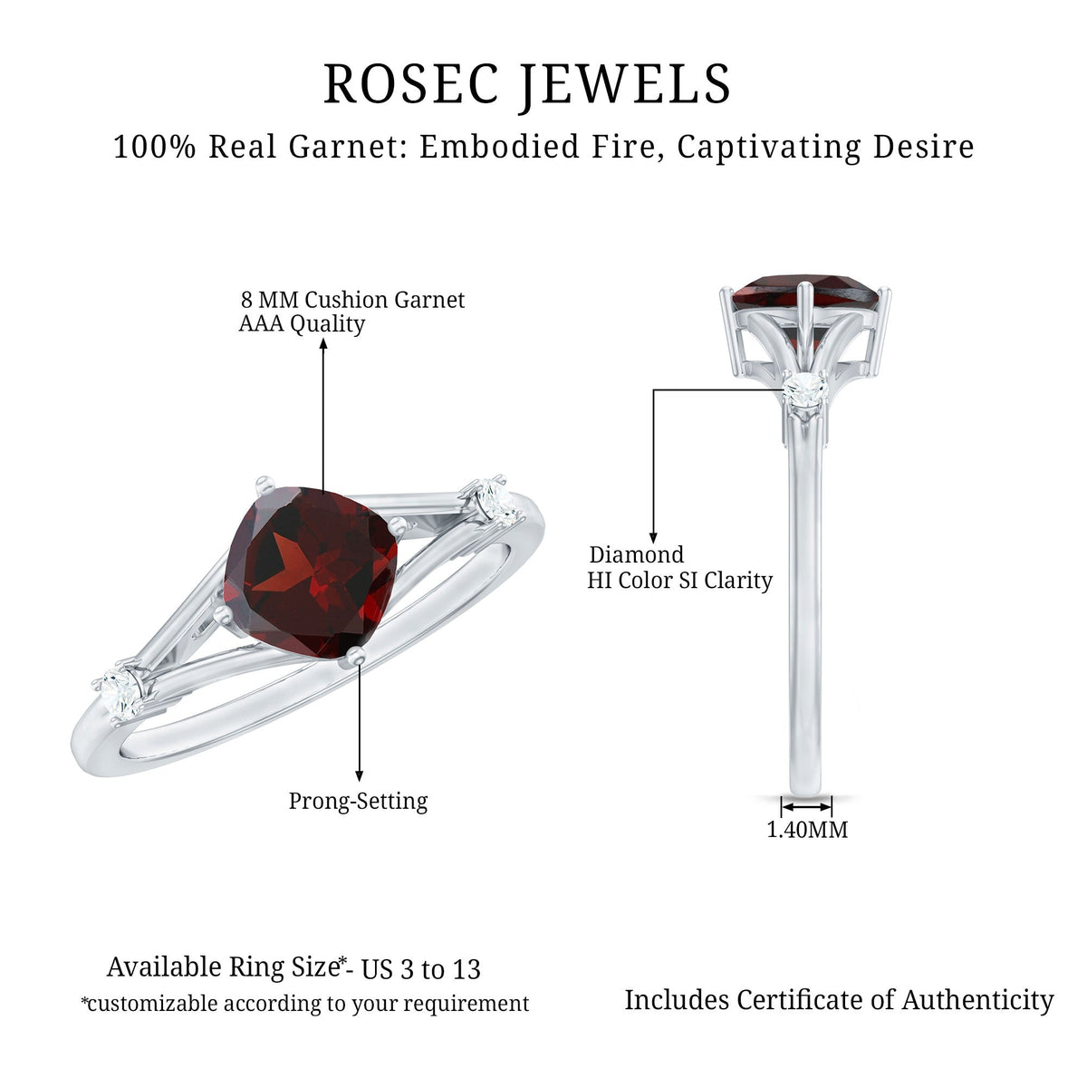 3.2 Carat Genuine Garnet Diamond Cushion Cut Engagement Ring with Split Shank
