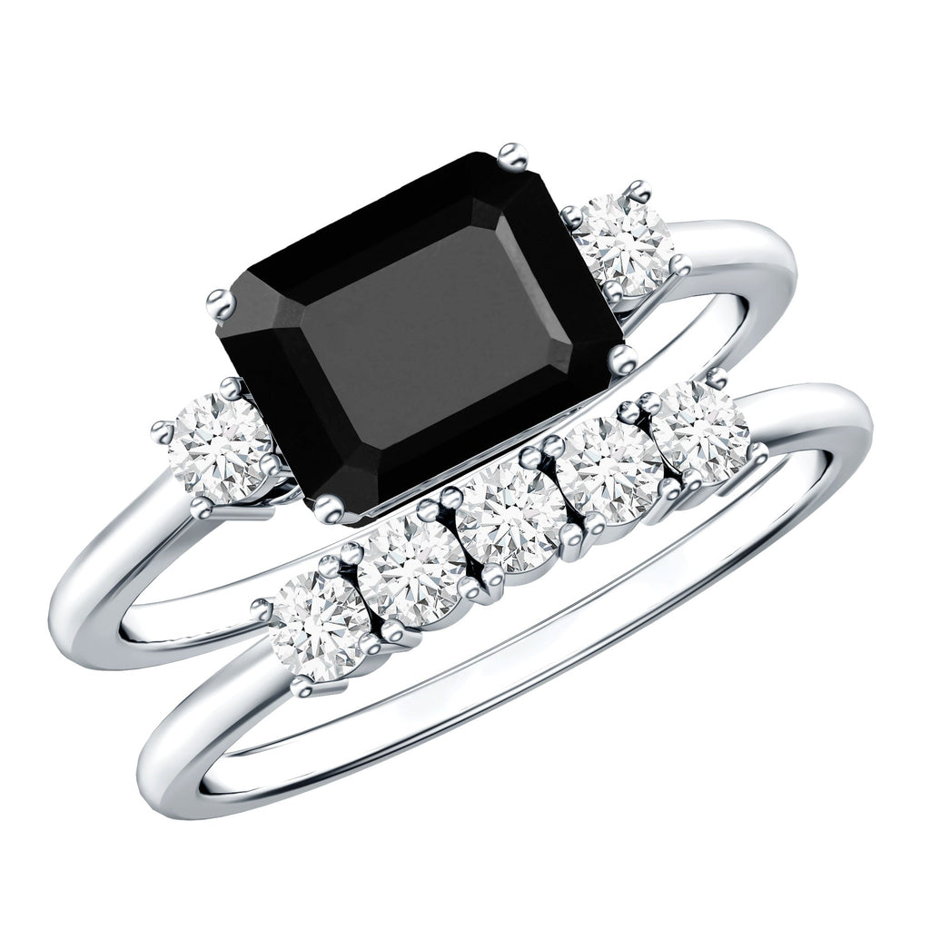 Emerald Cut Black Onyx and Diamond Wedding Ring Set