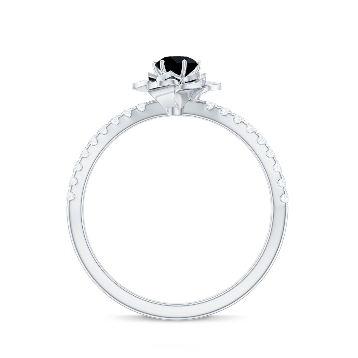 Certified Real Black Spinel Flower Engagement Ring with Diamond