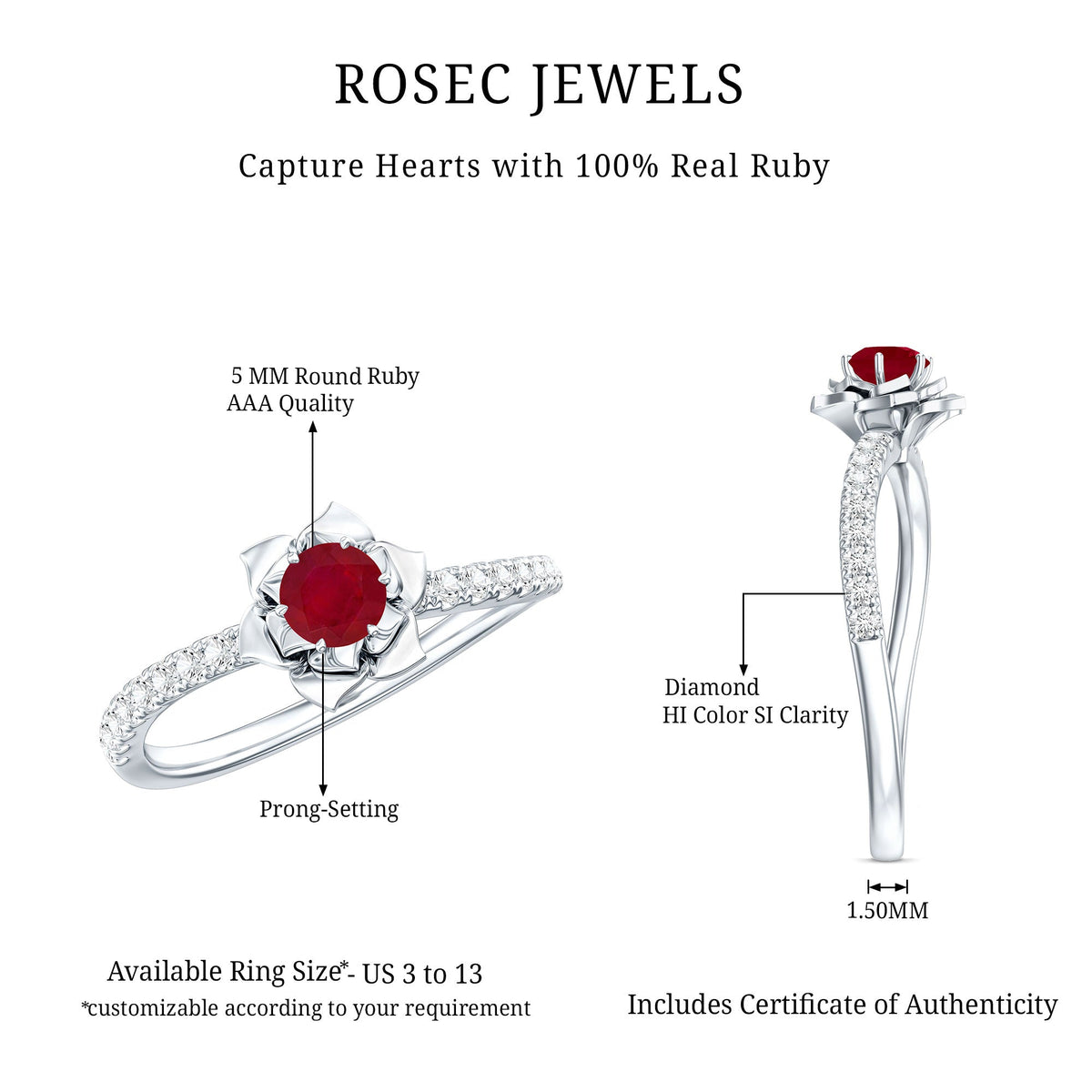 Natural 0.6 Carat Ruby Flower Engagement Ring with Diamond