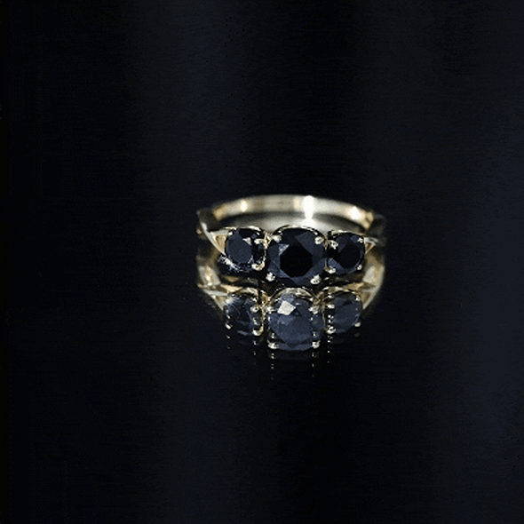 Genuine Black Onyx Three Stone Engagement Ring with Crossover Band