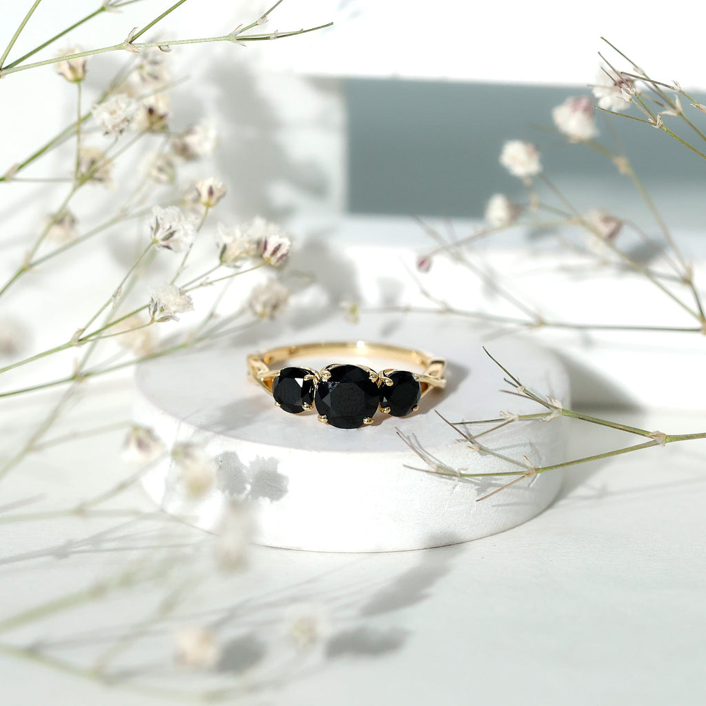 Genuine Black Onyx Three Stone Engagement Ring with Crossover Band