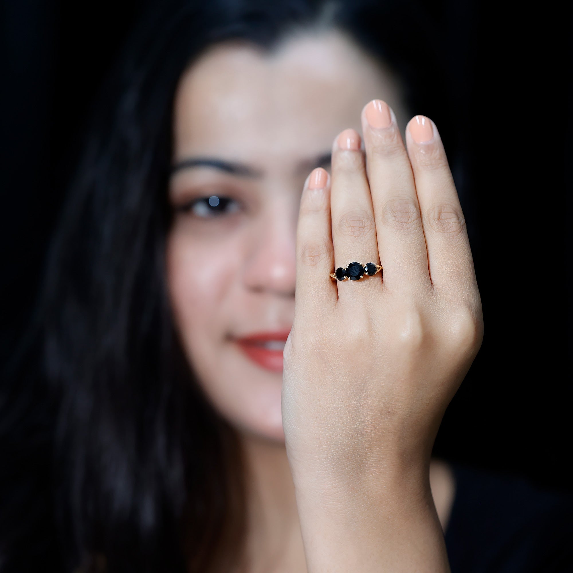 Genuine Black Onyx Three Stone Engagement Ring with Crossover Band
