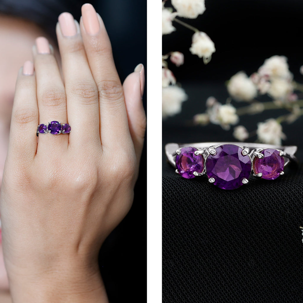 Natural Amethyst 3 Stone Engagement Ring for Women