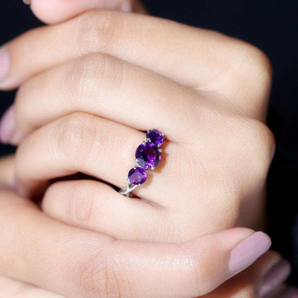 Natural Amethyst 3 Stone Engagement Ring for Women