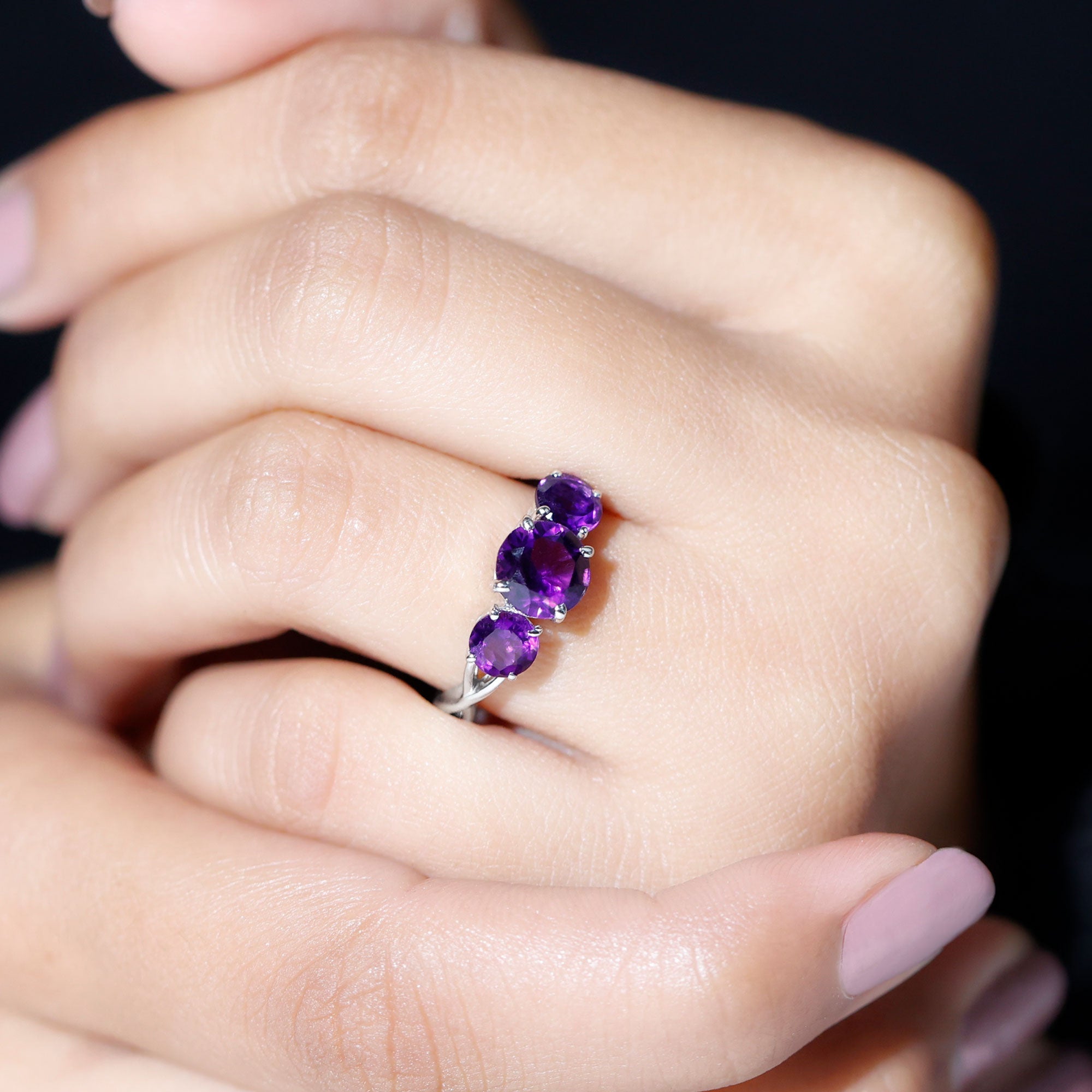 Natural Amethyst 3 Stone Engagement Ring for Women