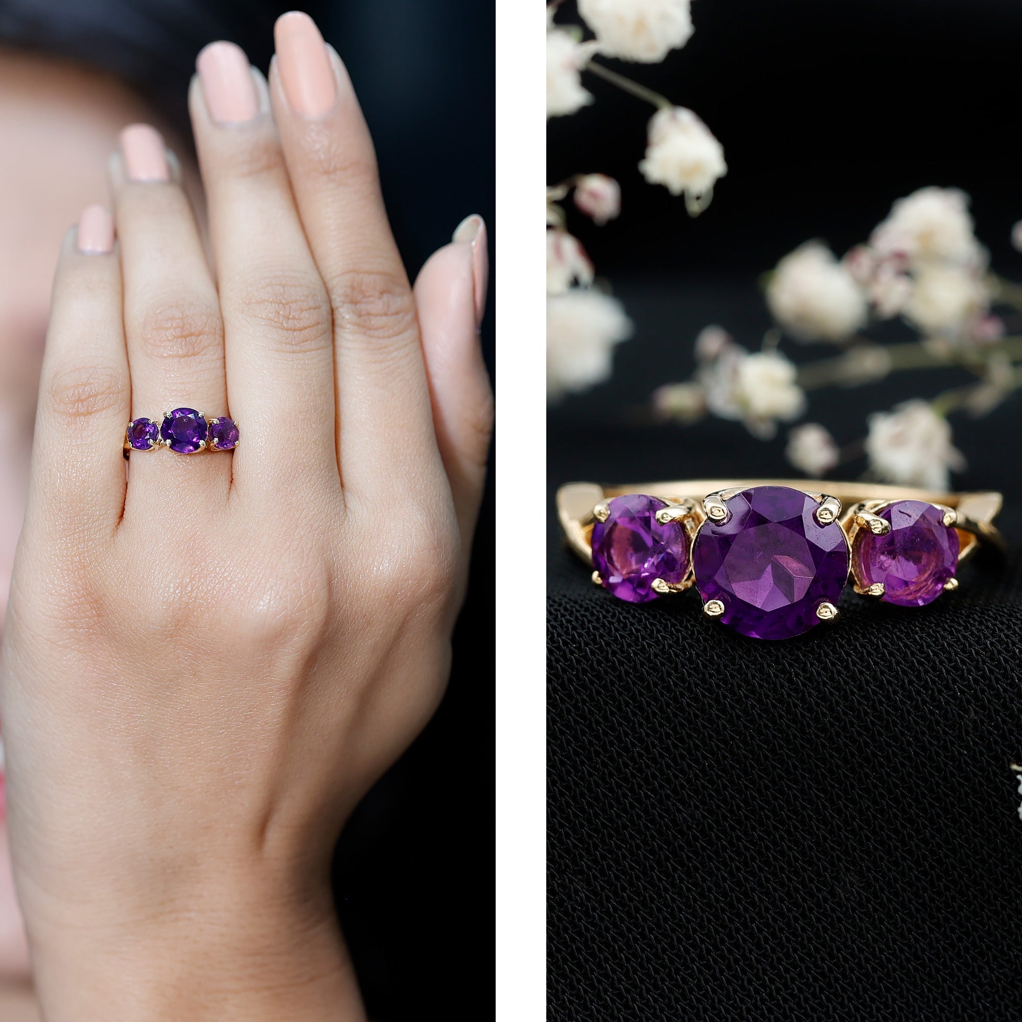 Natural Amethyst 3 Stone Engagement Ring for Women