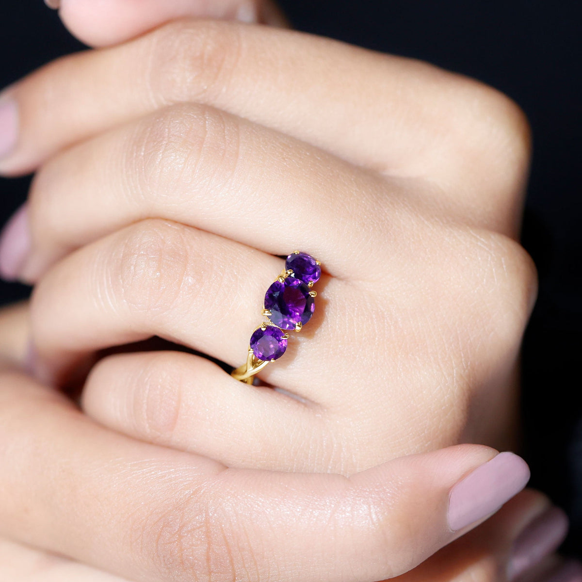 Natural Amethyst 3 Stone Engagement Ring for Women