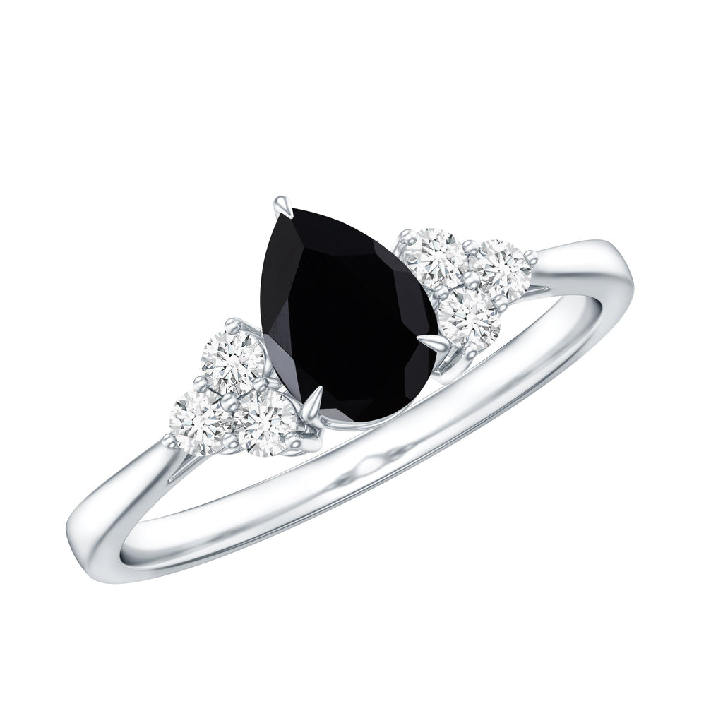 Pear Shaped Black Onyx Engagement Ring with Real Diamond Trio