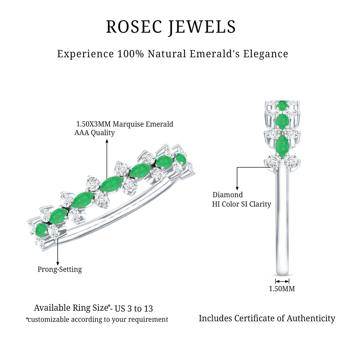 Genuine Emerald and Diamond Half Eternity Ring for Women