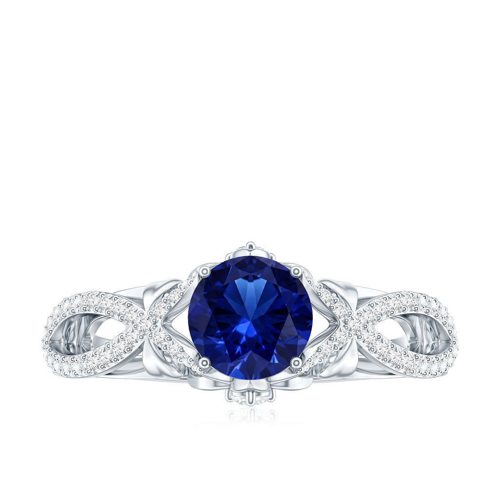 1 Carat Lab Grown Blue Sapphire Engagement Ring with Diamond Crossover Shank