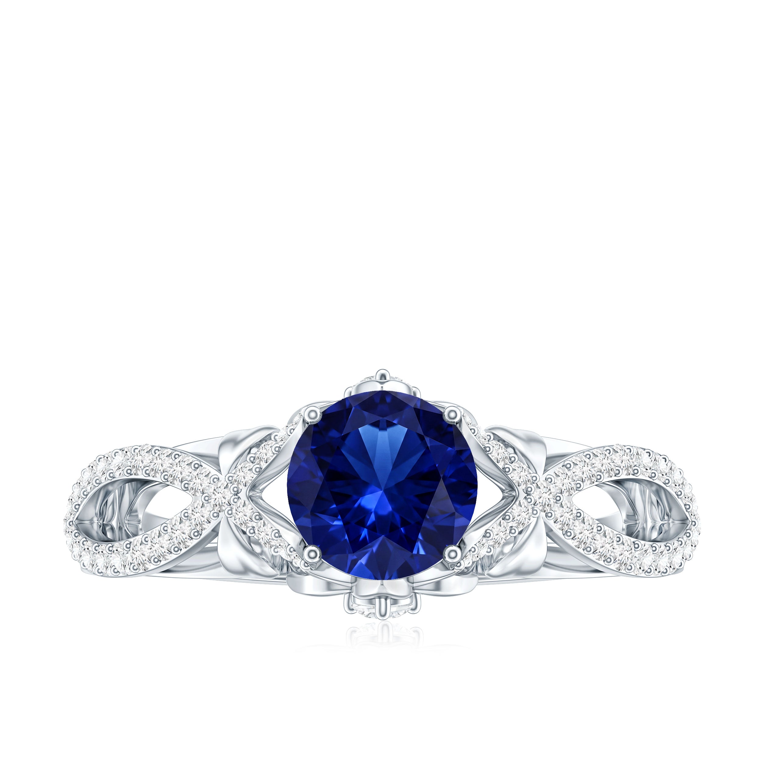 1 Carat Lab Grown Blue Sapphire Engagement Ring with Diamond Crossover Shank