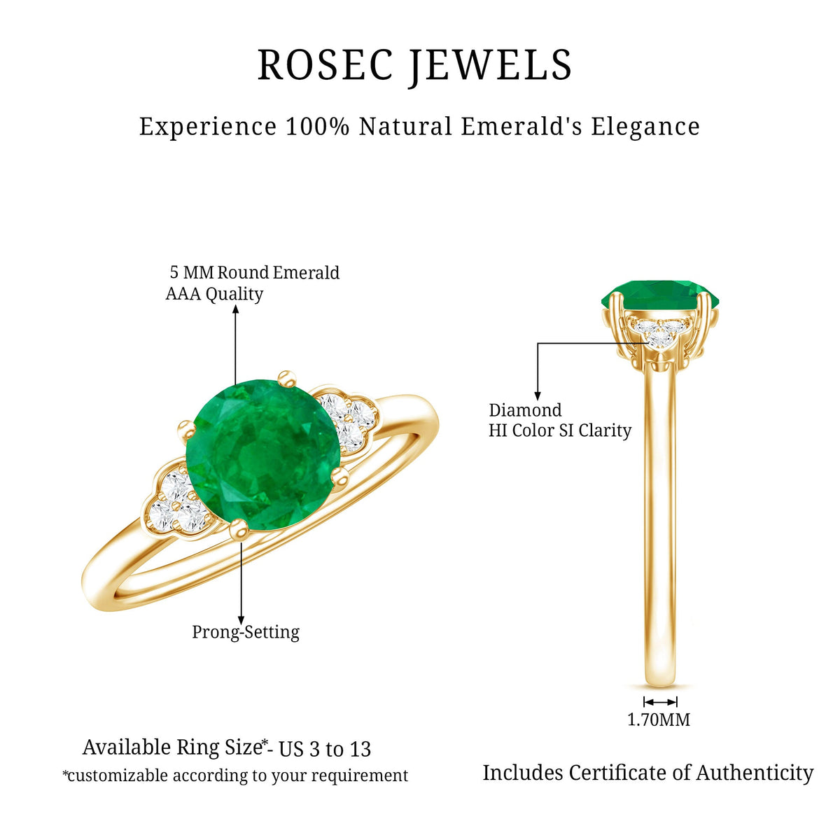 Natural Solitaire Emerald Engagement Ring with Diamond Trio