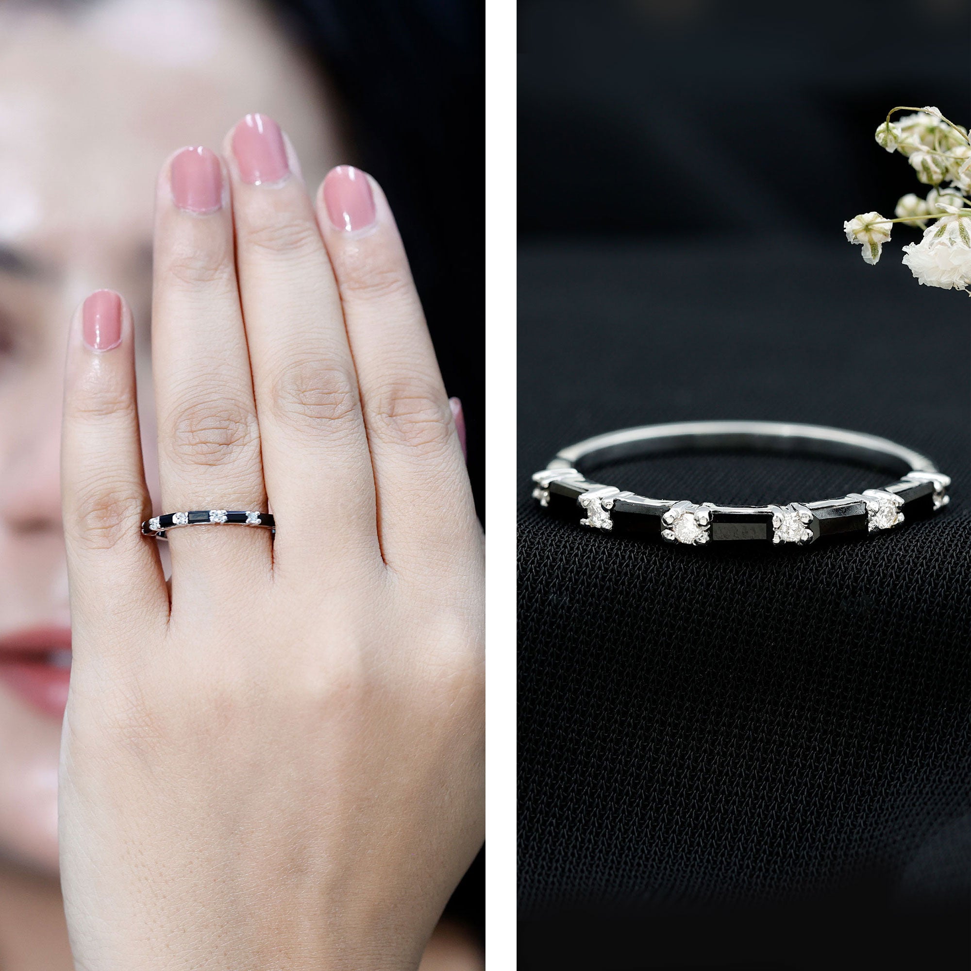 Certified Baguette Lab Grown Black and White Diamond Half Eternity Ring