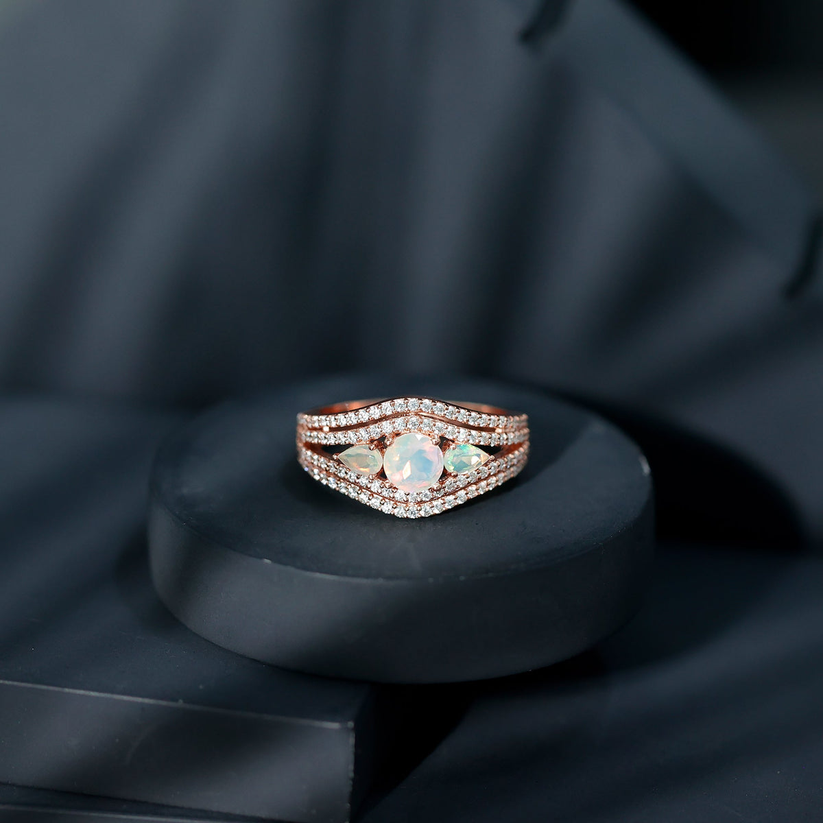 Real Ethiopian Opal 3 Stone Engagement Ring with Moissanite