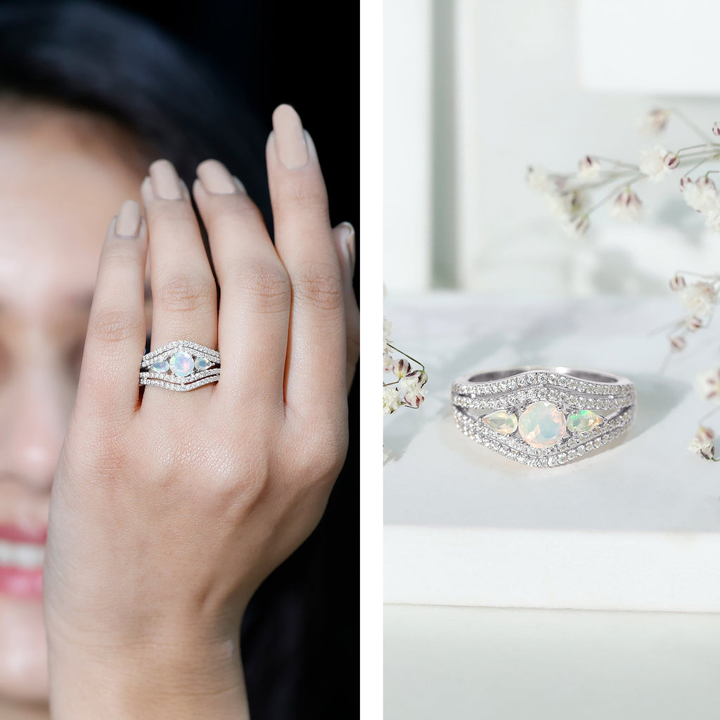 Real Ethiopian Opal 3 Stone Engagement Ring with Moissanite