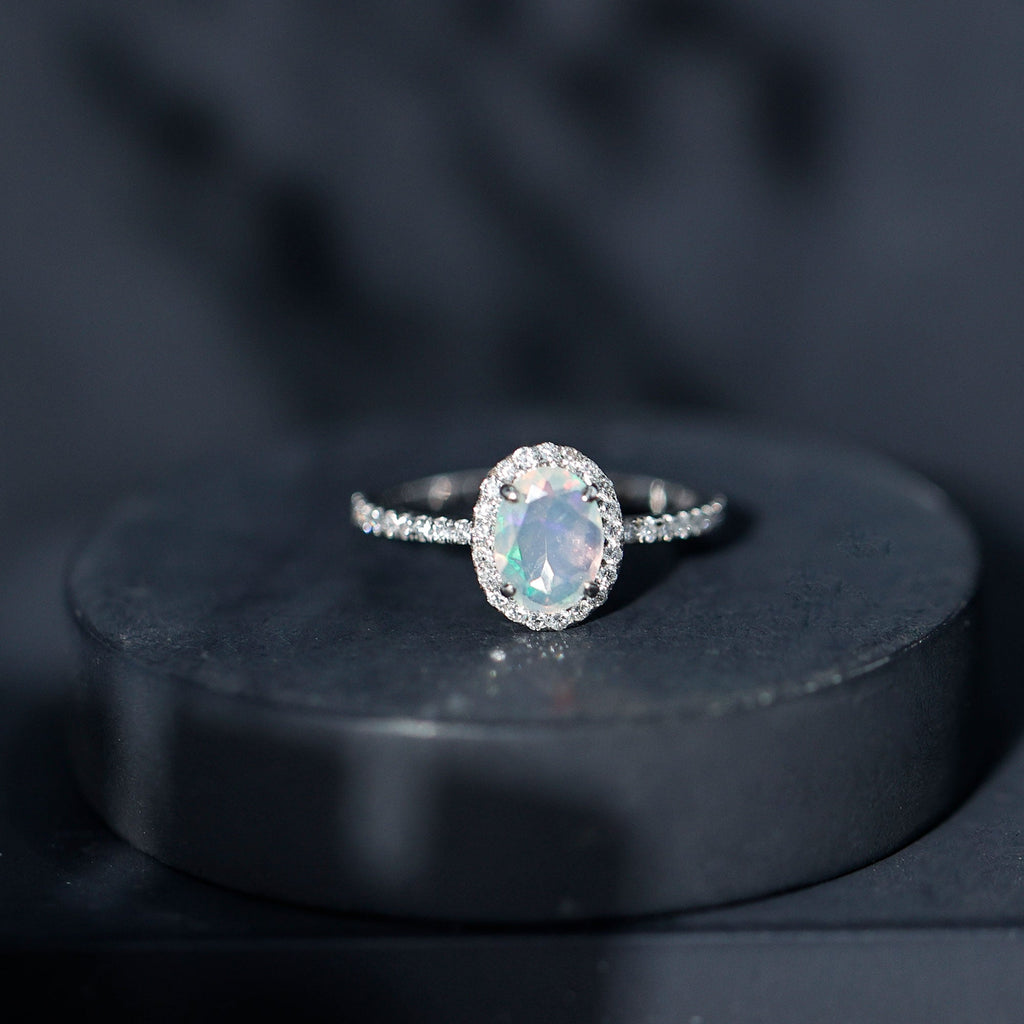 Certified Real 1.2 Carat Ethiopian Opal Oval Engagement Ring with Diamond Halo