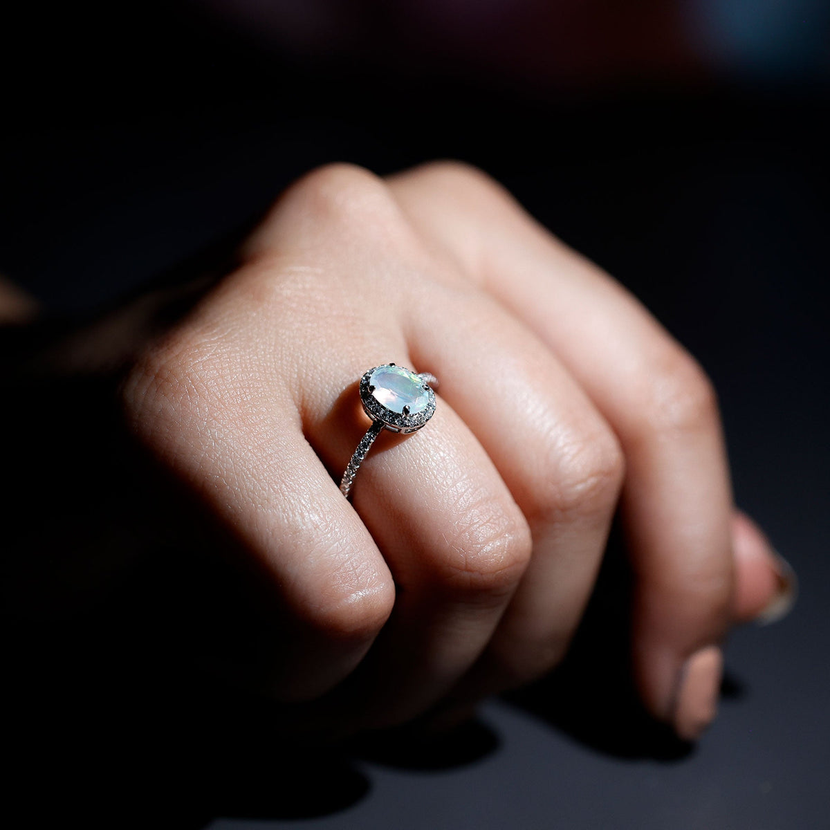 Certified Real 1.2 Carat Ethiopian Opal Oval Engagement Ring with Diamond Halo