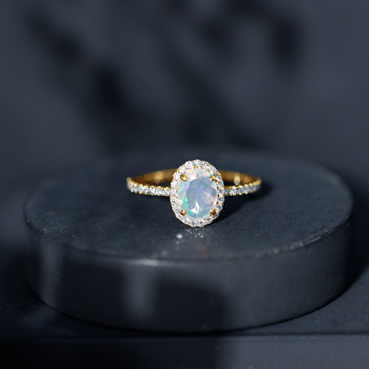 Certified Real 1.2 Carat Ethiopian Opal Oval Engagement Ring with Diamond Halo