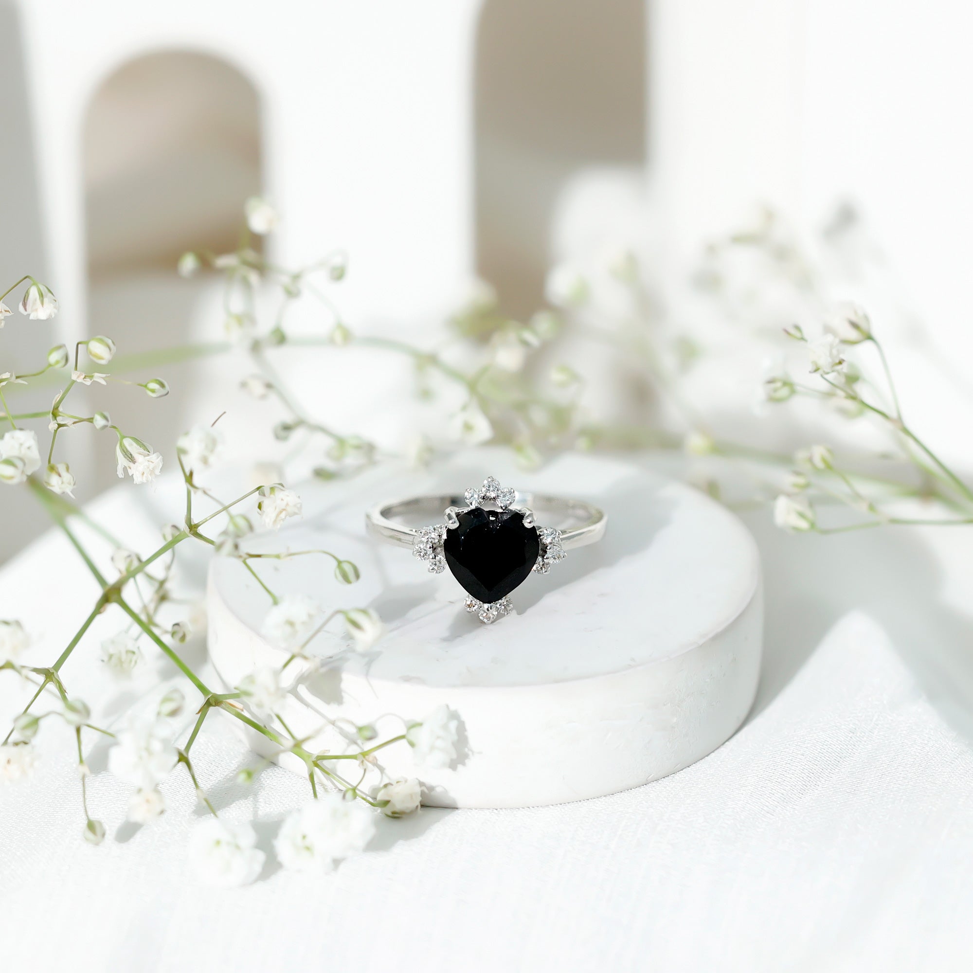 2 Carat Heart Shape Black Onyx Solitaire Engagement Ring with Diamond Accent
