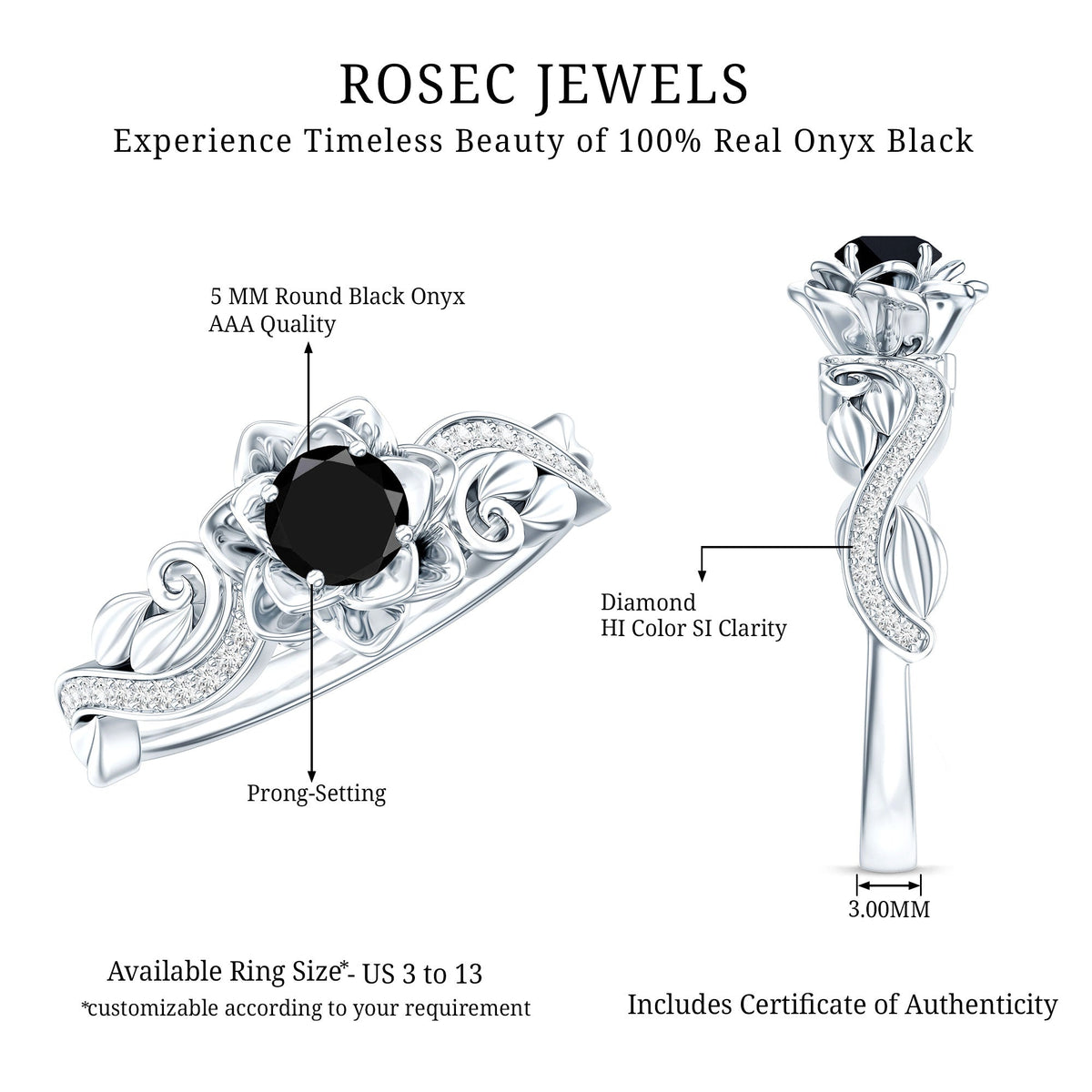 Nature Inspired Black Onyx and Diamond Floral Engagement Ring