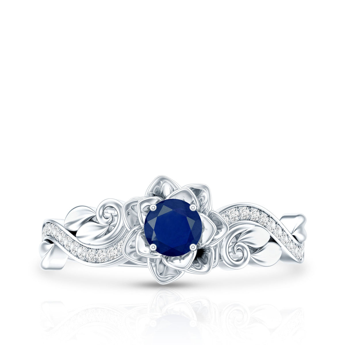 Rose Flower Engagement Ring with Genuine Blue Sapphire and Diamond