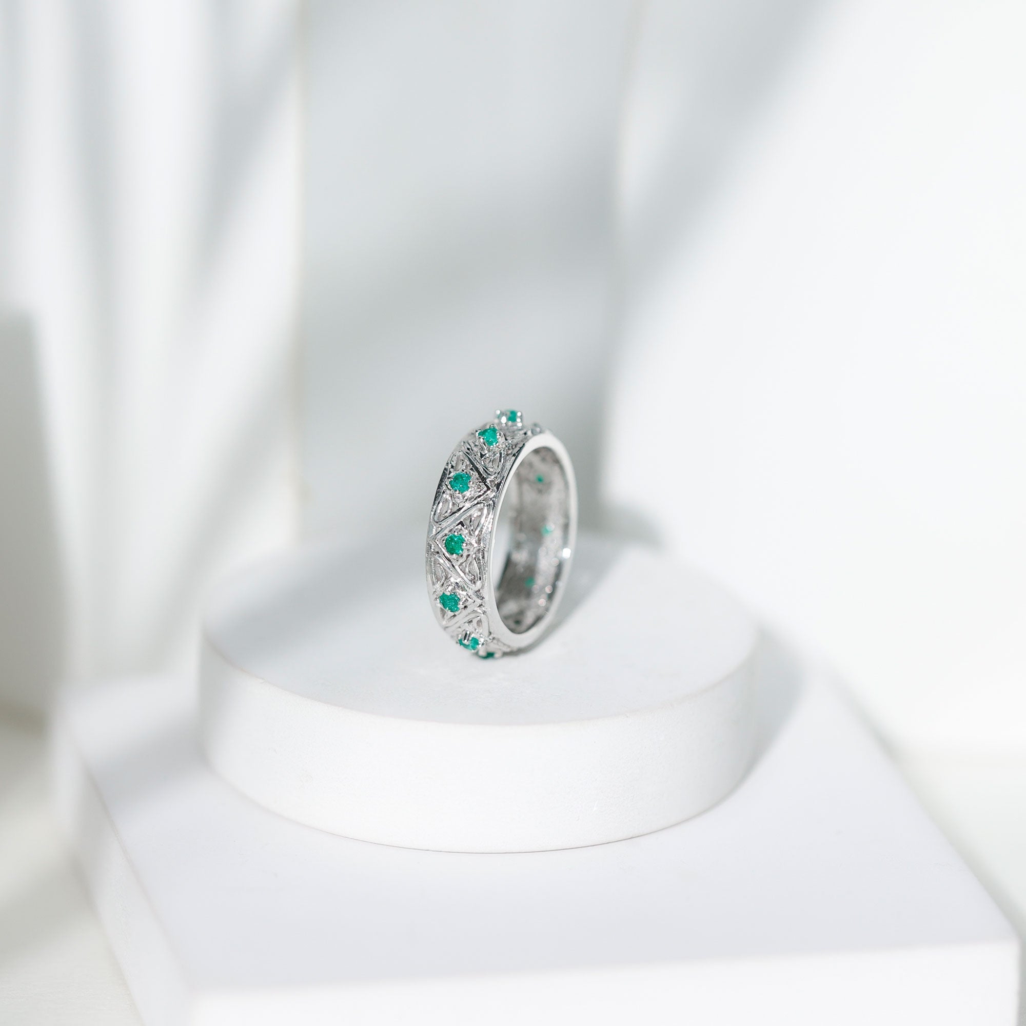 Vintage Inspired Real Emerald Wide Wedding Band
