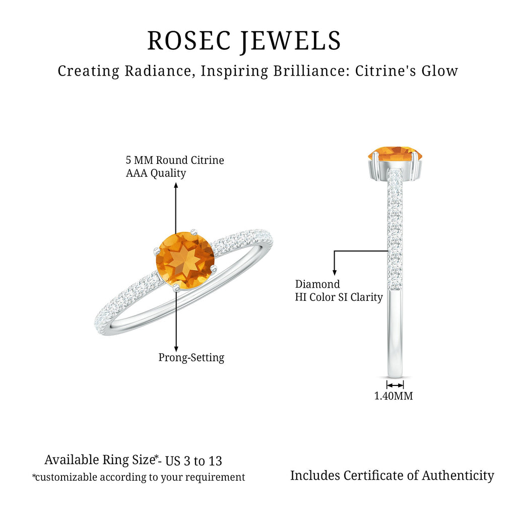 Natural Solitaire Citrine Minimal Engagement Ring with Diamond