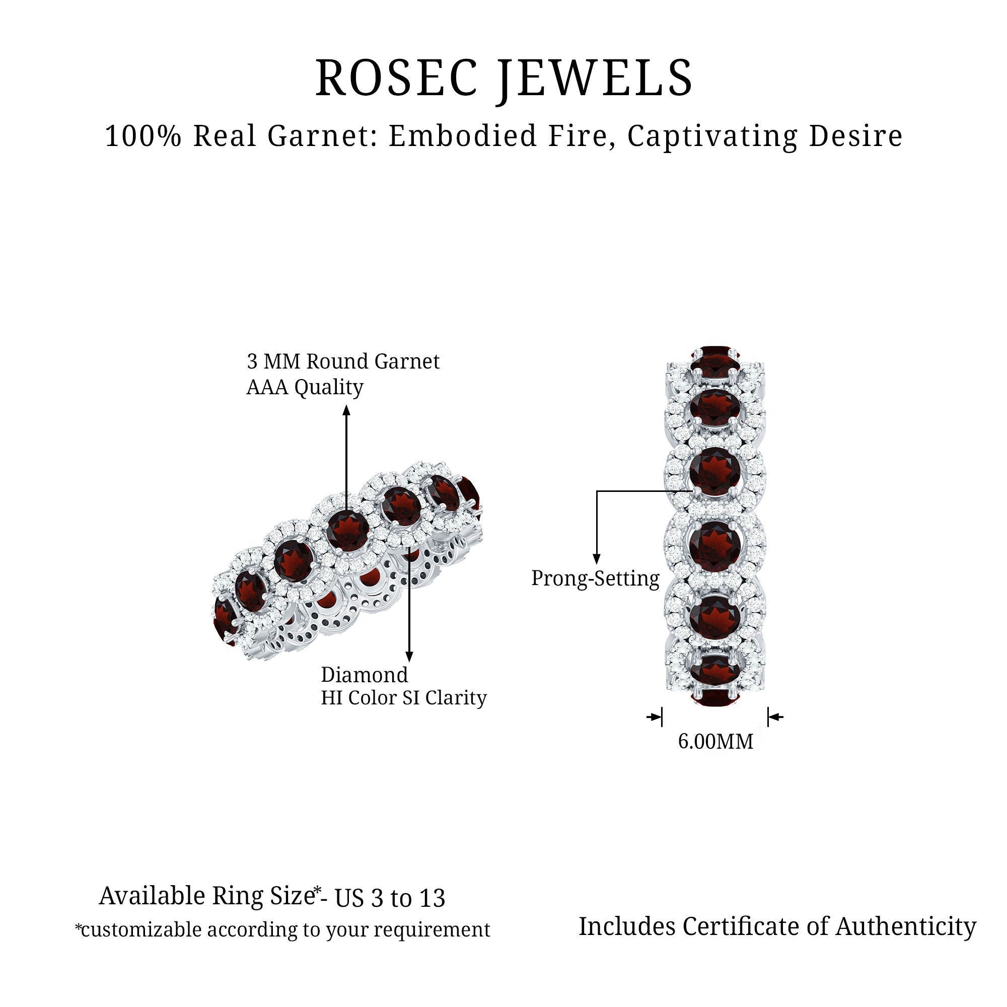 Genuine Garnet Eternity Wedding Band with Moissanite