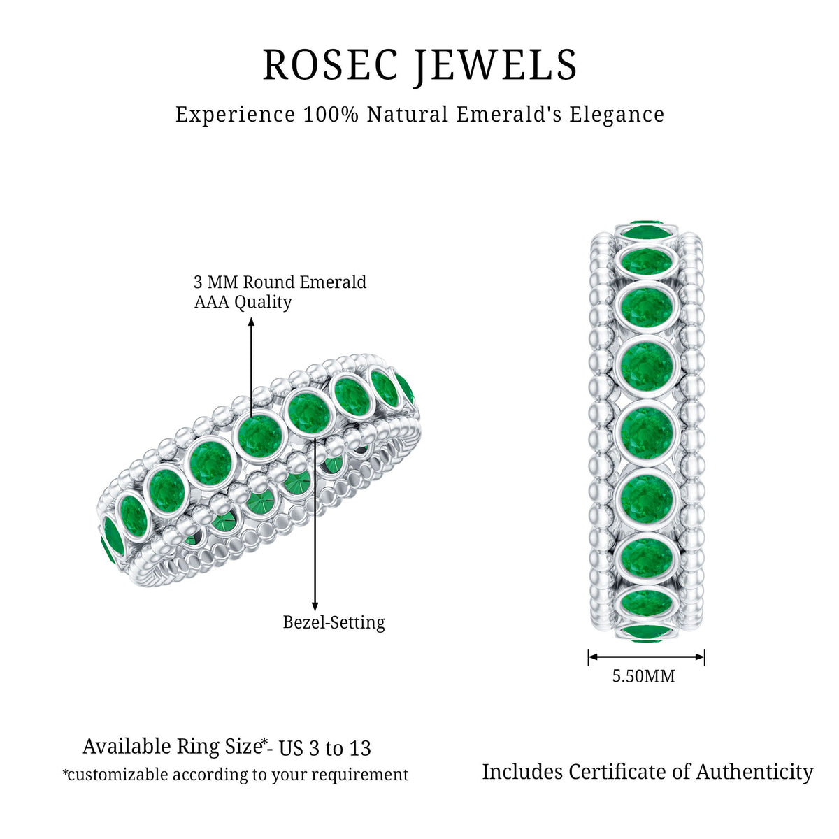 Vintage Inspired Emerald Wedding Band in Bezel Setting