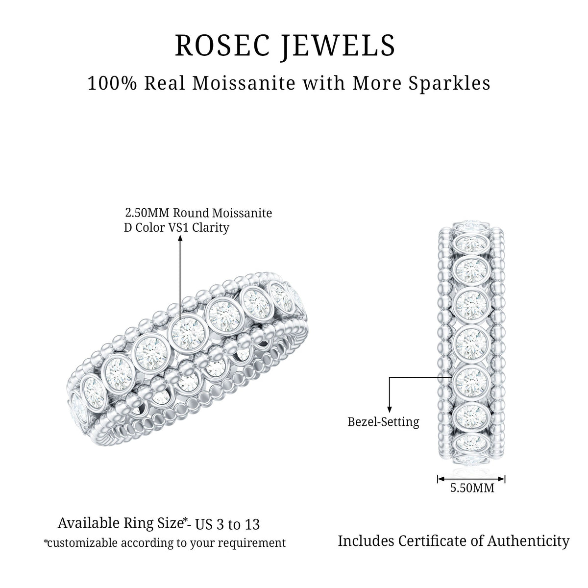 Bezel Set Moissanite Full Eternity Wedding Band with Beaded Detail