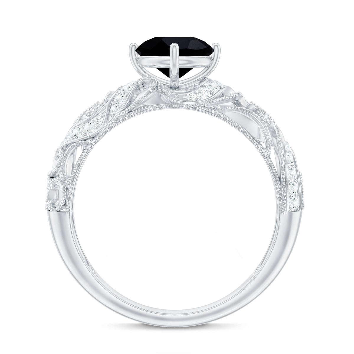 Round Created Black Diamond Vintage Inspired Engagement Ring with Diamond