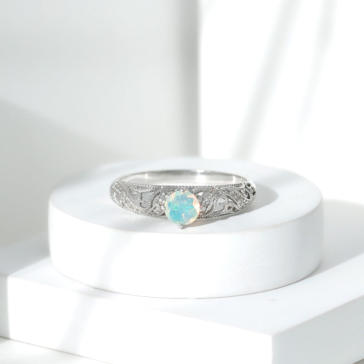 Genuine Ethiopian Rainbow Opal Vintage Inspired Engagement Ring with Diamond