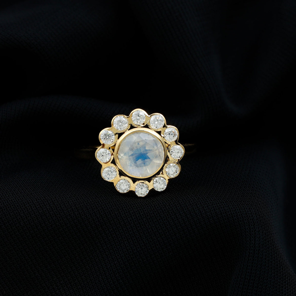 Round Moonstone and Diamond Halo Engagement Ring in Bezel Setting