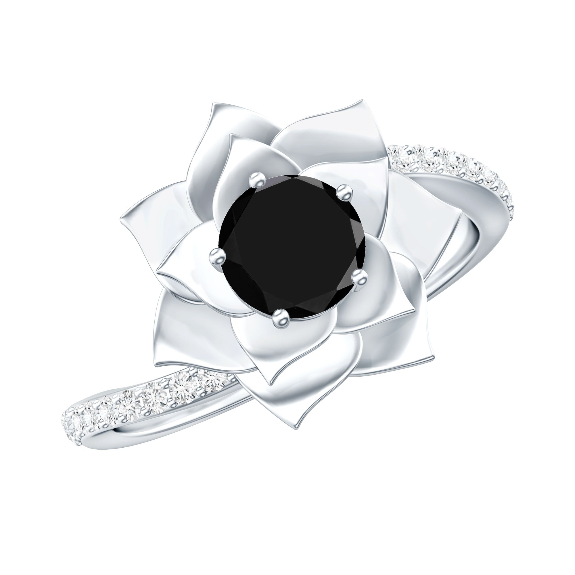 Flower Inspired Black Onyx Rose Engagement Ring with Diamond