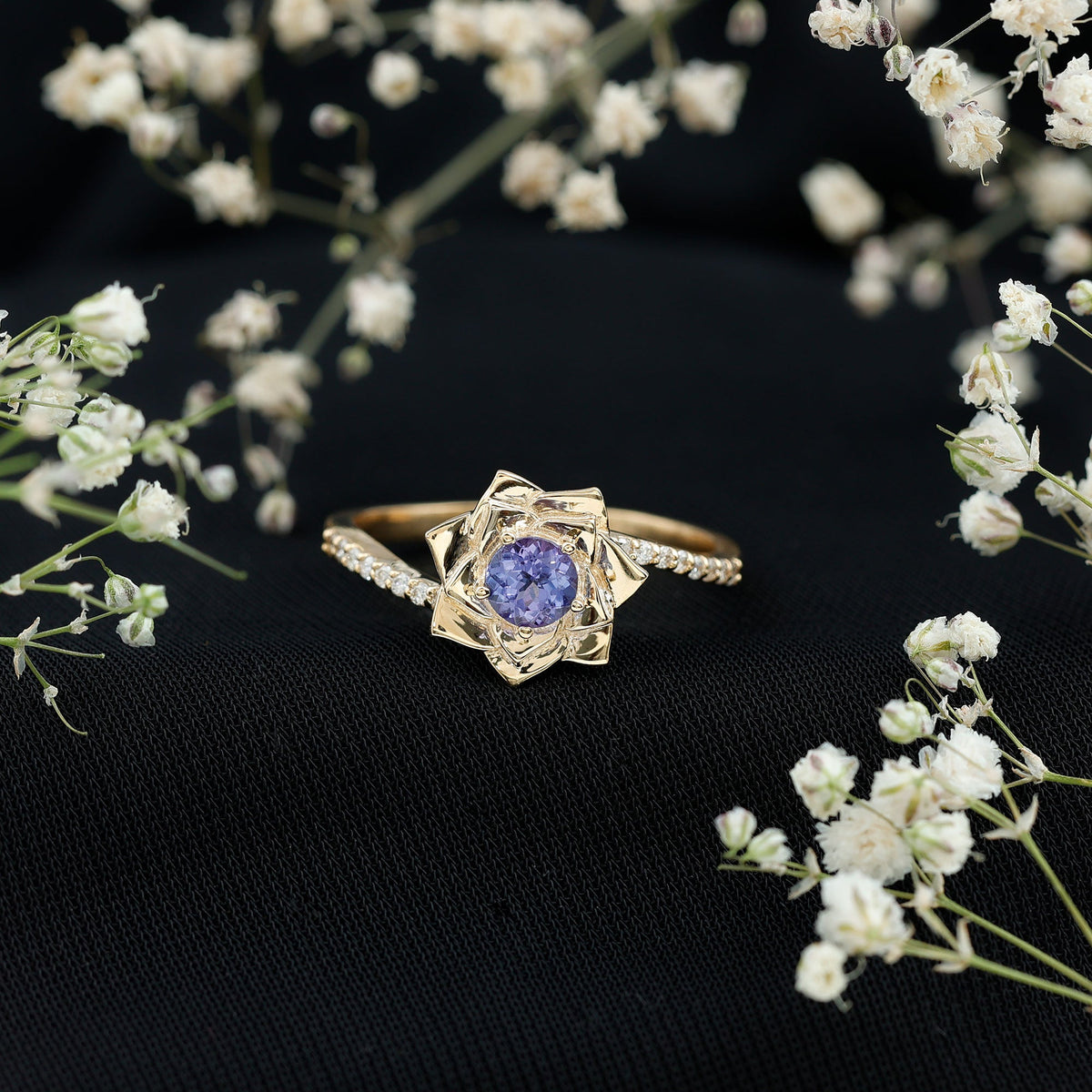 Real Tanzanite Rose Flower Engagement Ring with Diamond Bypass Shank