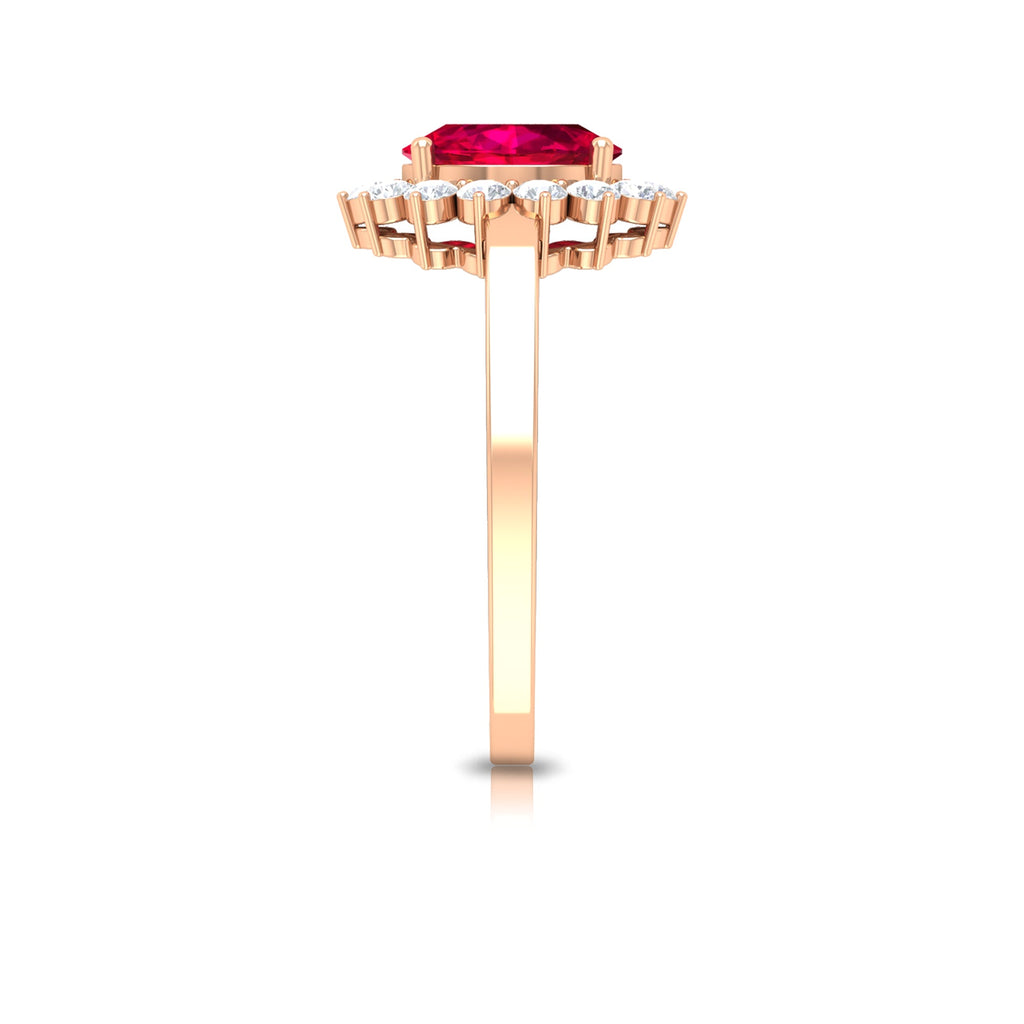 Natural 0.6 Carat Ruby Oval Engagement Ring with Diamond Halo