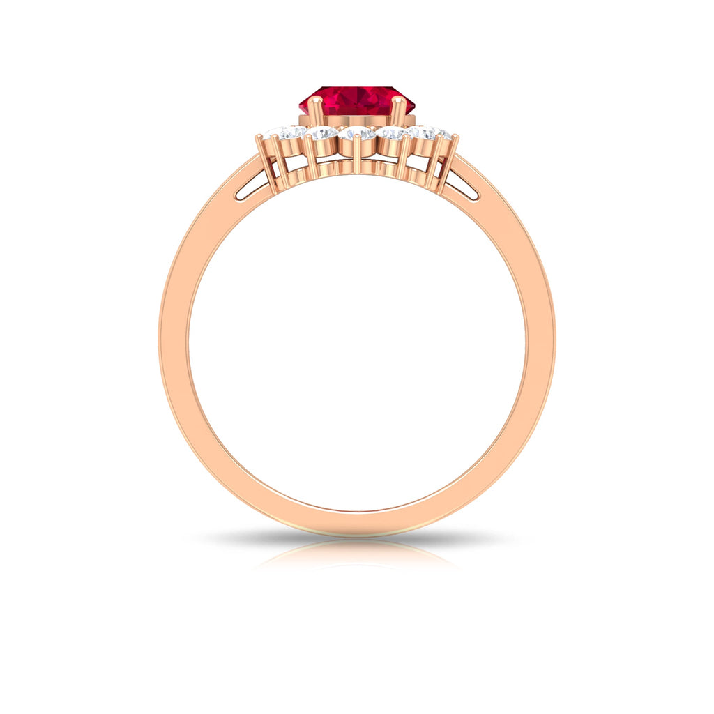 Natural 0.6 Carat Ruby Oval Engagement Ring with Diamond Halo