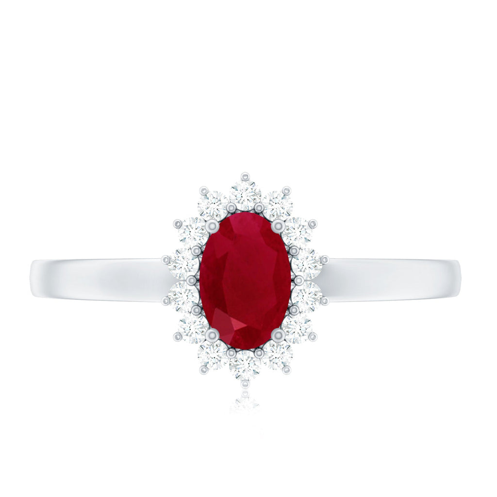 Natural 0.6 Carat Ruby Oval Engagement Ring with Diamond Halo