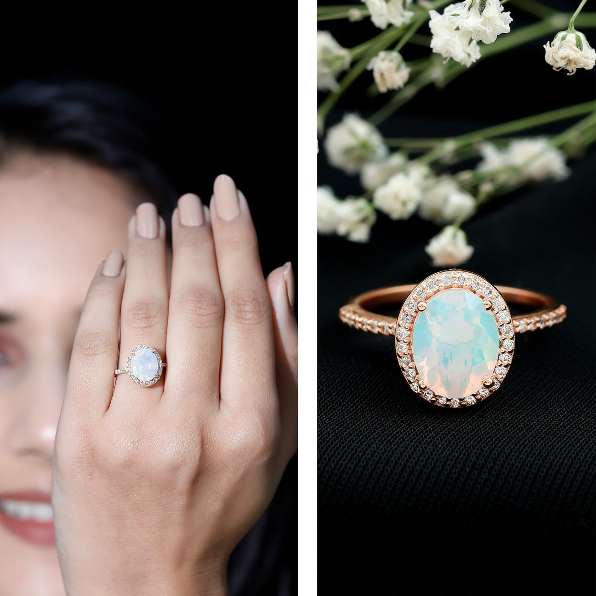 Certified Real 1.3 Carat Ethiopian Opal Engagement Ring with Diamond Halo