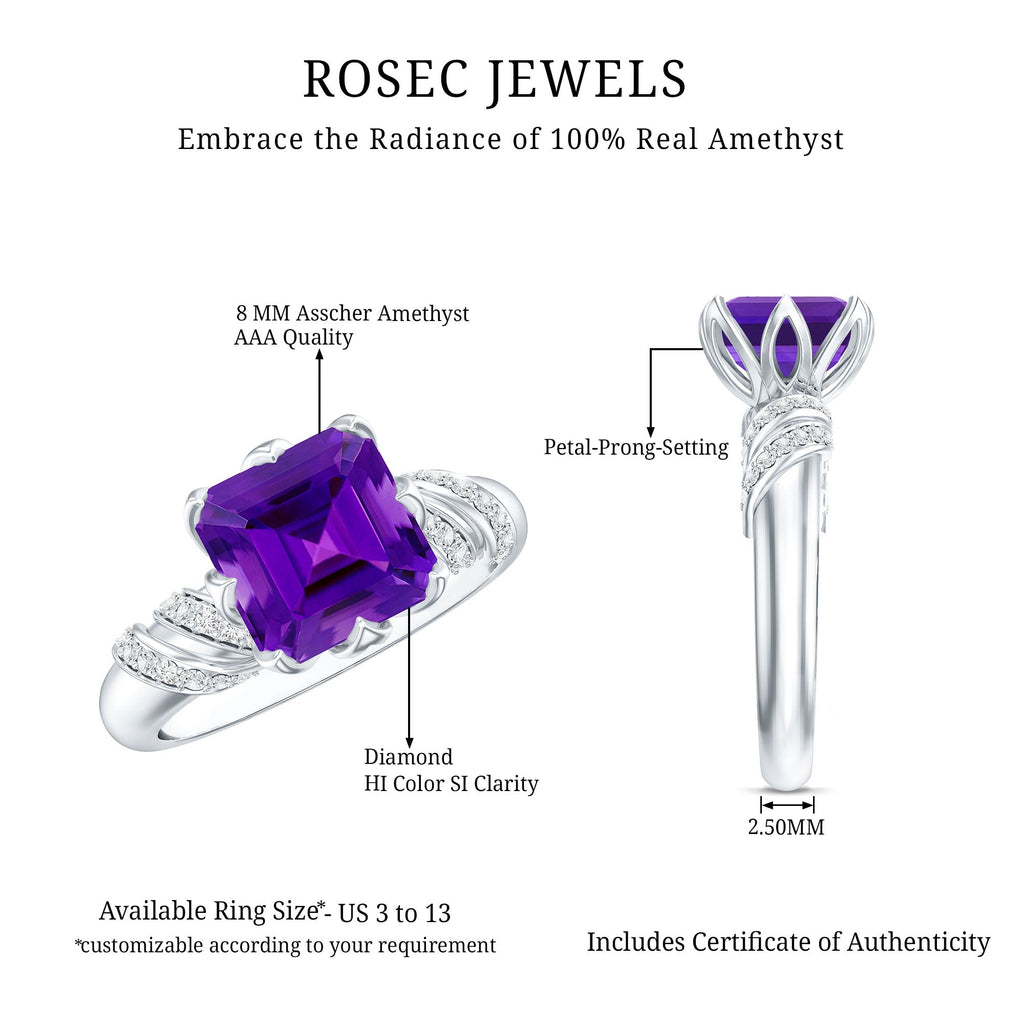 Vintage Looking 3 Carat Amethyst Asscher Cut Engagement Ring with Diamond